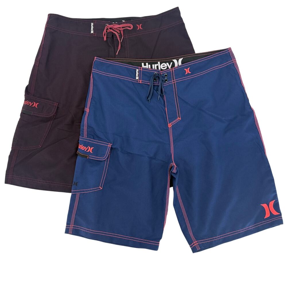 2 x Hurley Board Shorts Swim Trunks Men's Size 33 Solid Blue Maroon